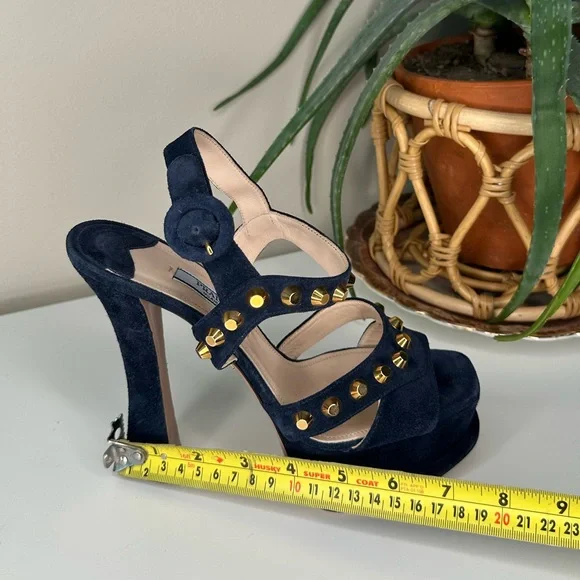 PRADA Navy Blue Suede Gold Stud Platform Sandals Heels 37.5 Italy - Picture 11 of 13